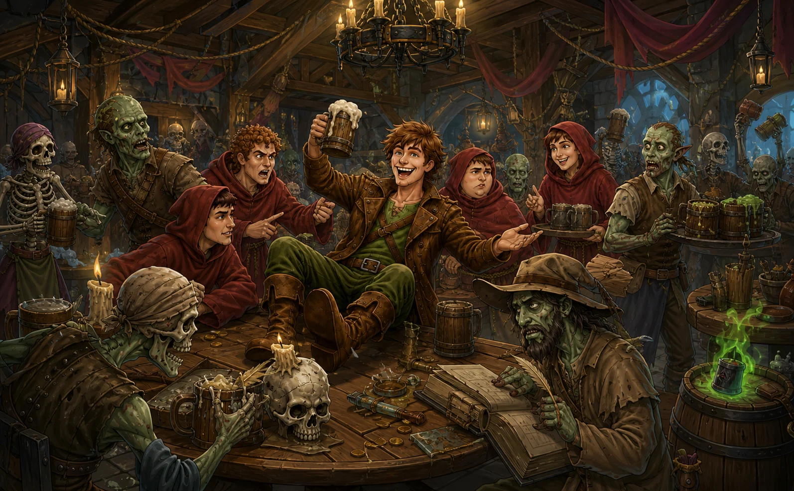 The bustling Spit Bucket tavern filled with Dante's friends and undead employees