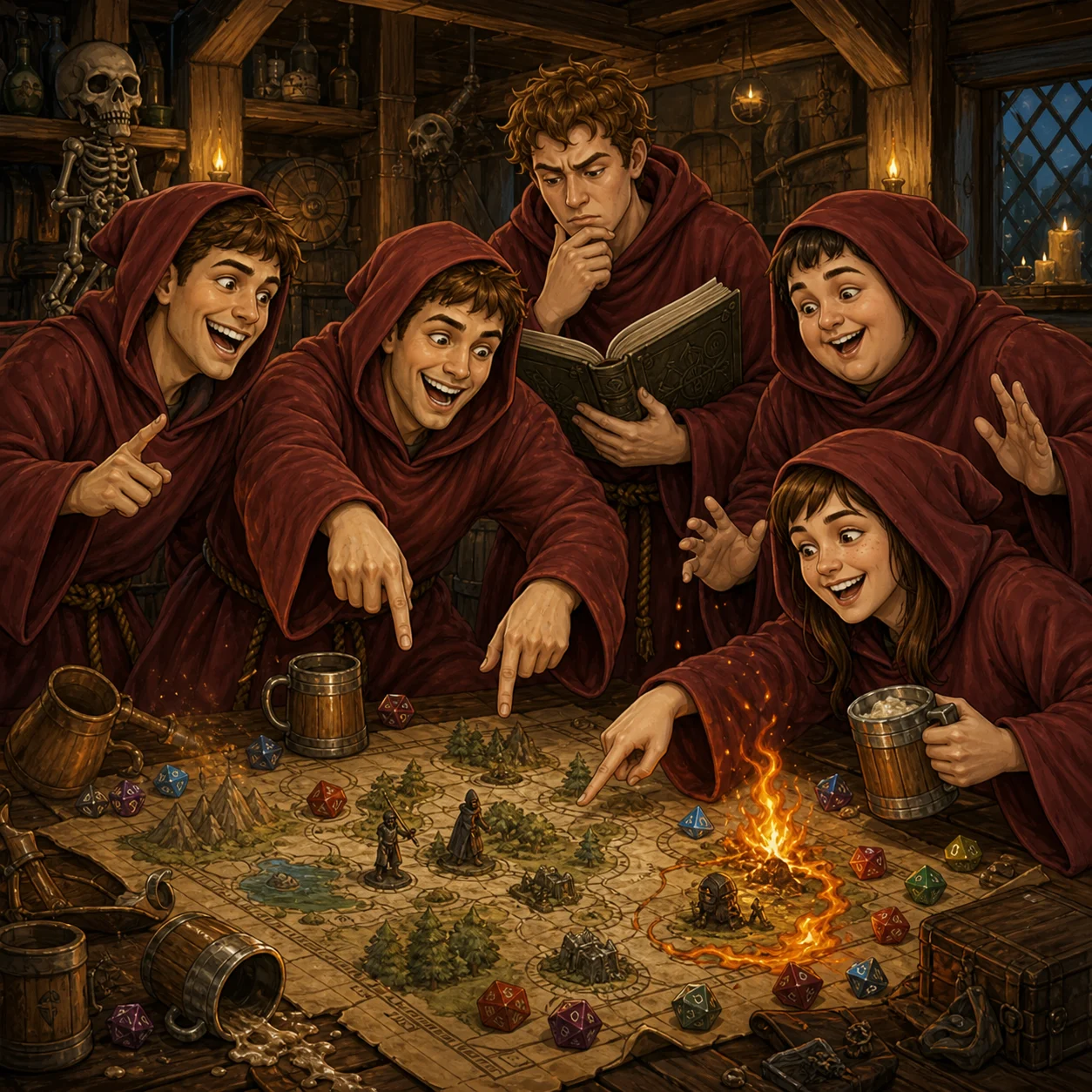 Dante's five red-robed friends planning around a fantasy tabletop map