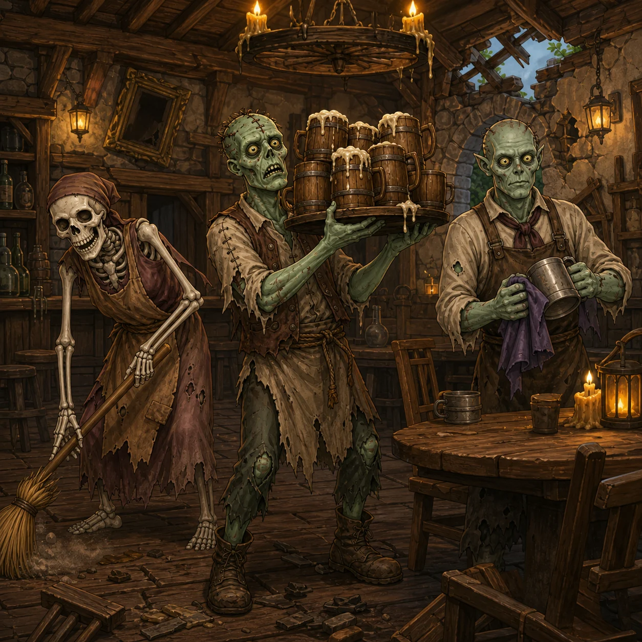 Zombie and skeleton staff cleaning and serving drinks inside the Spit Bucket