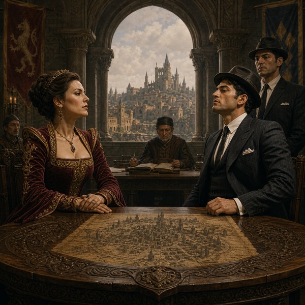 Lady Ashworth and Mikey Morano facing one another across a map of Thornwall