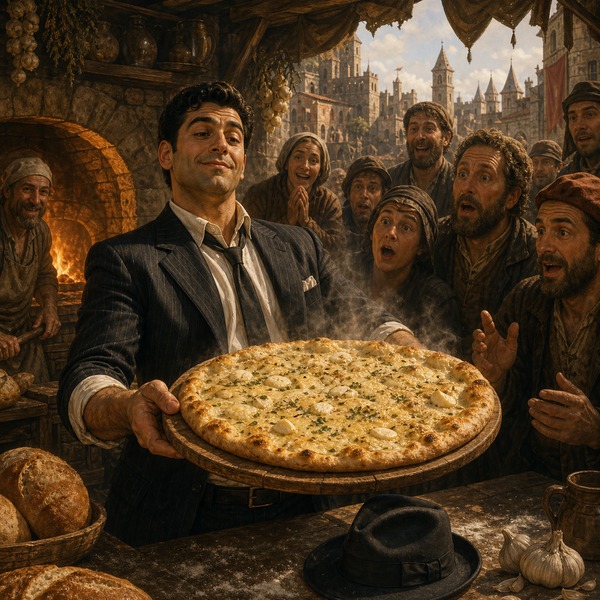 Frankie presenting a steaming white pizza to delighted medieval customers