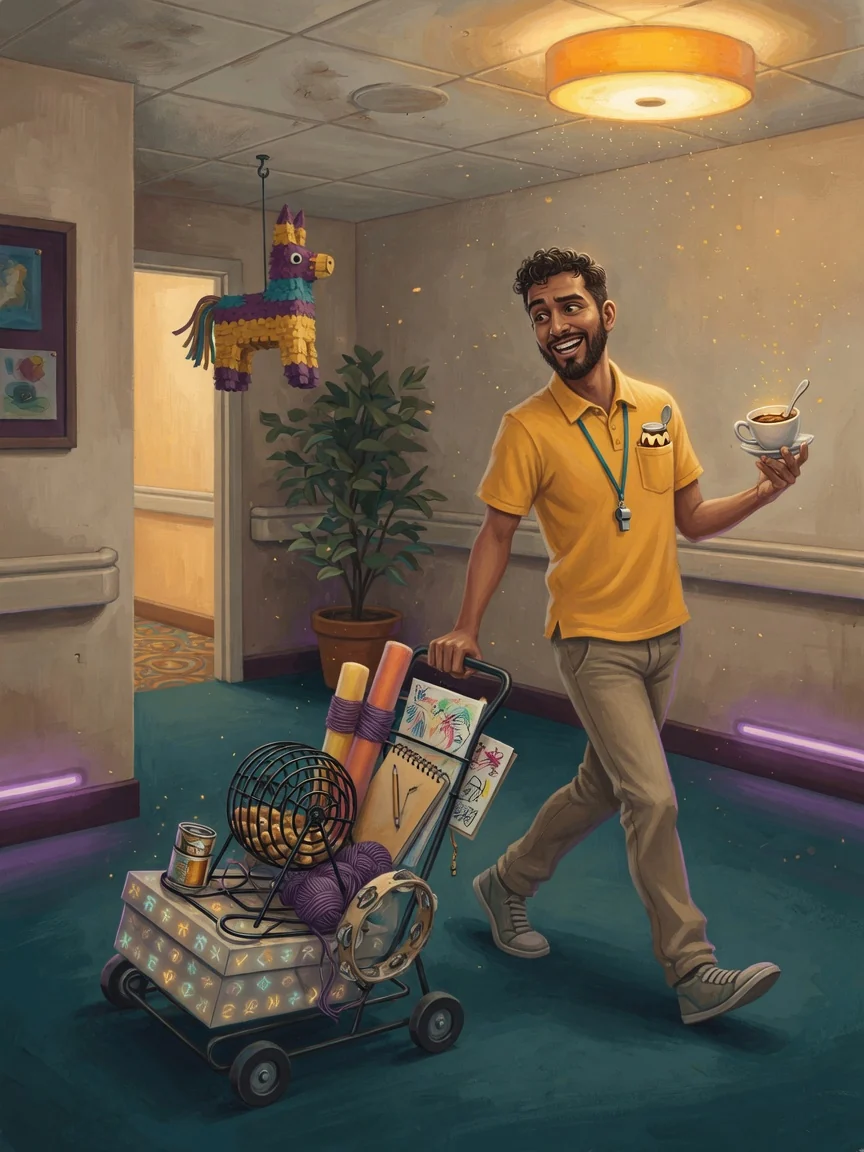 Carlos pushing a colorful activity cart through Sunset Dominion