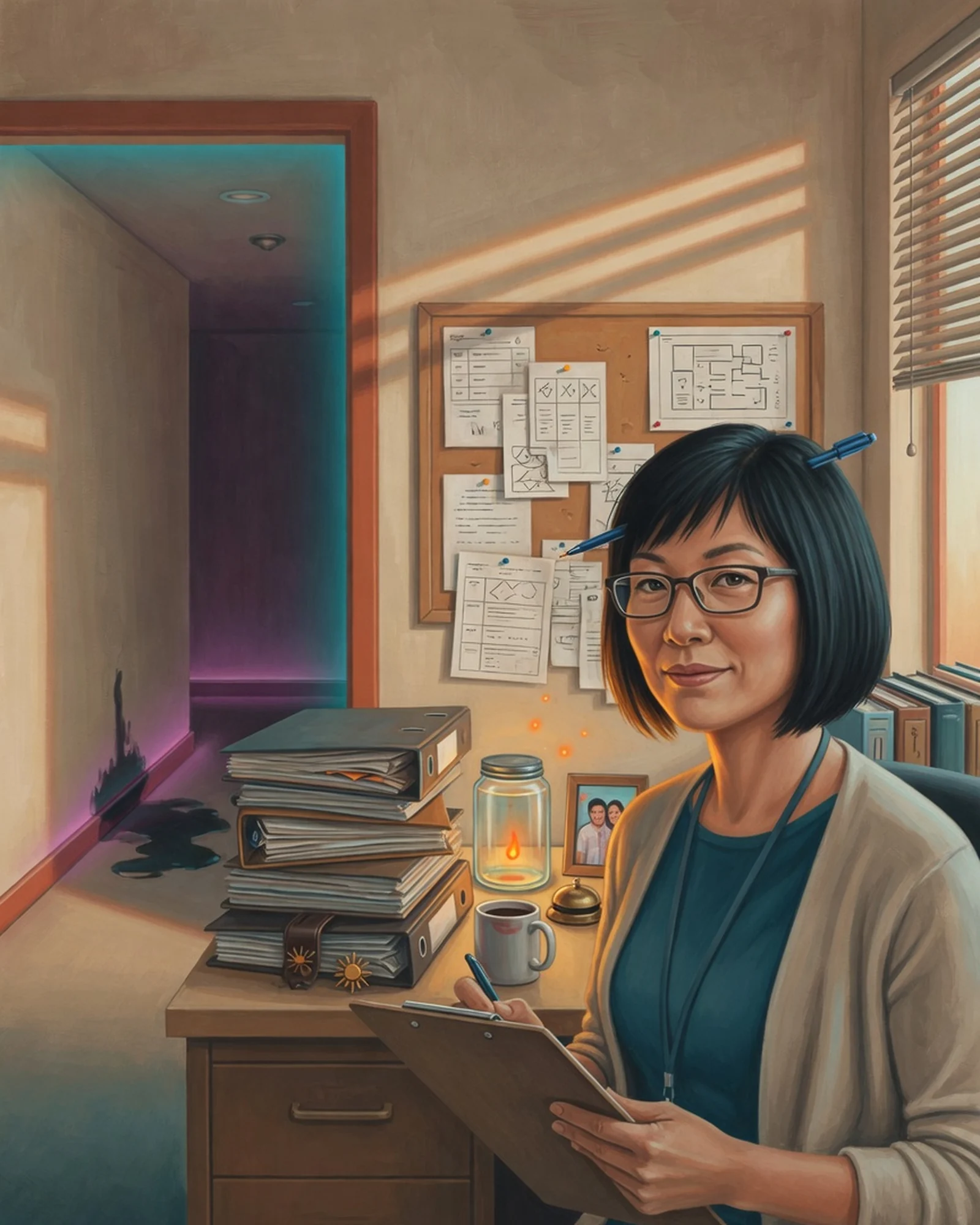 Linda Chen holding her clipboard inside Sunset Dominion
