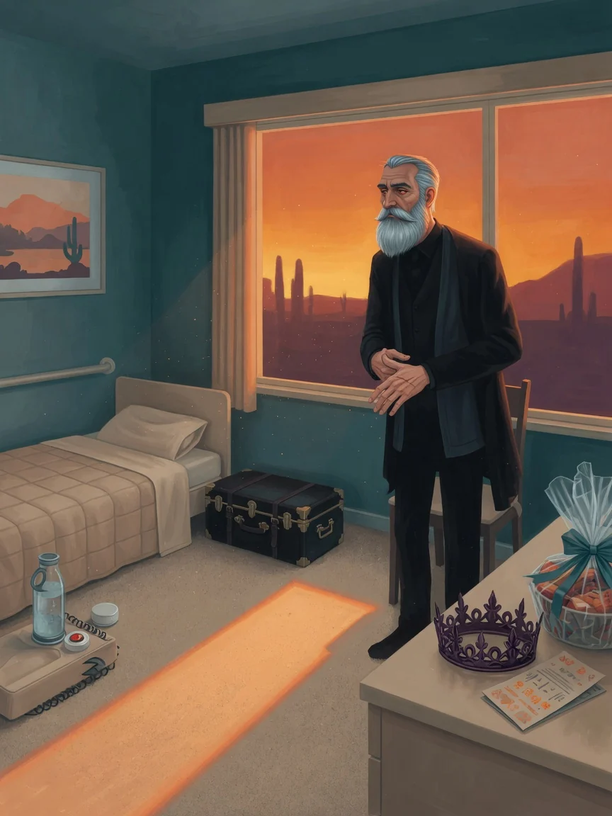 Mordechai Grimm seated in all black beside his discarded crown in a Tucson retirement room