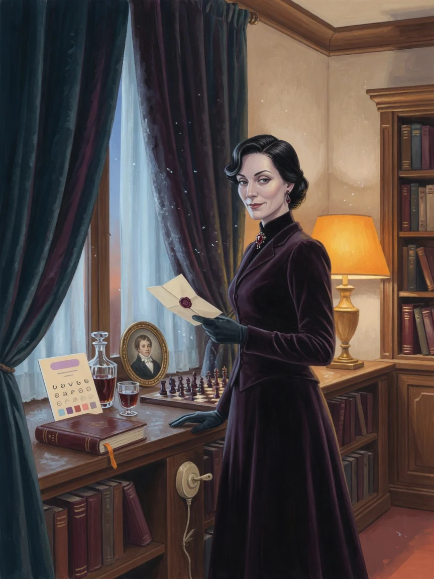Seraphina Nightshade in deep aubergine velvet inside her elegant Sunset Dominion room